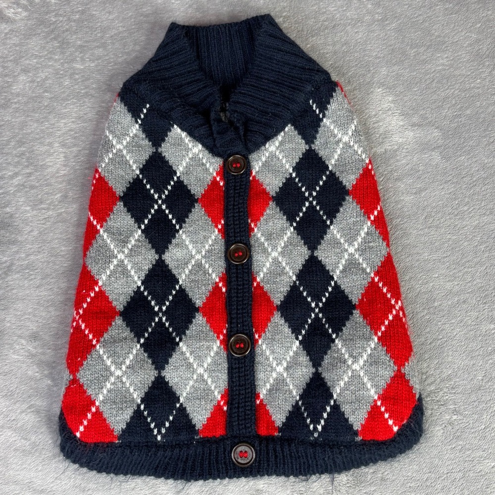 Argyle Pet Sweater Medium Red Grey Blue Button‎ Front Shawl Collar Dog Outfit